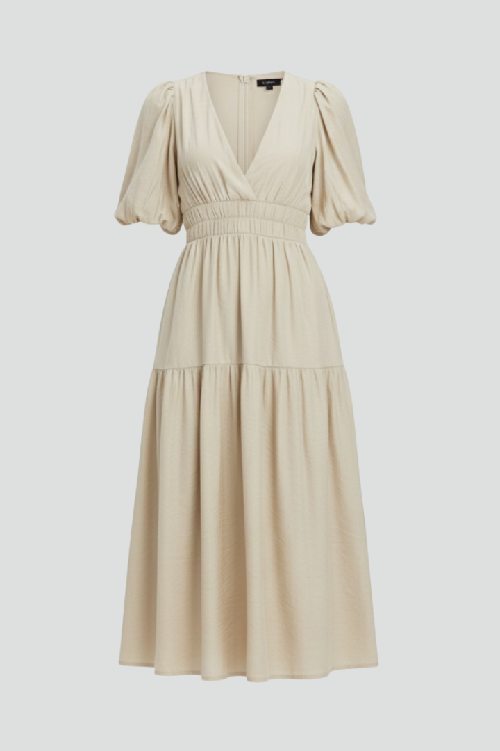Robe Midi Femme avec Décolleté en V et Manches Bouffantes