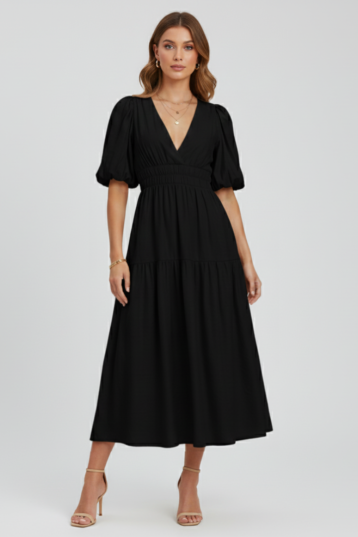 Robe Midi Femme avec Décolleté en V et Manches Bouffantes
