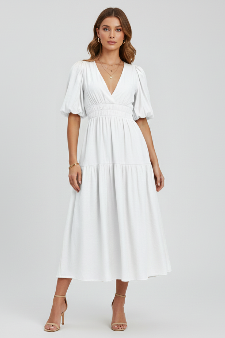 Robe Midi Femme avec Décolleté en V et Manches Bouffantes