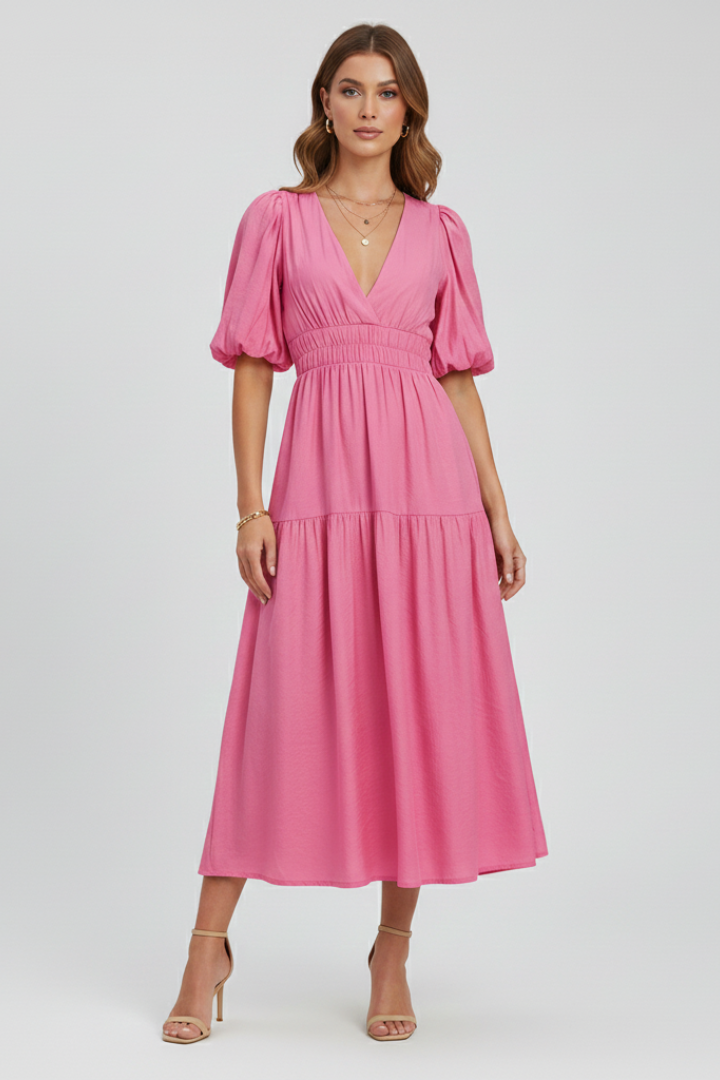 Robe Midi Femme avec Décolleté en V et Manches Bouffantes