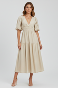 Robe Midi Femme avec Décolleté en V et Manches Bouffantes