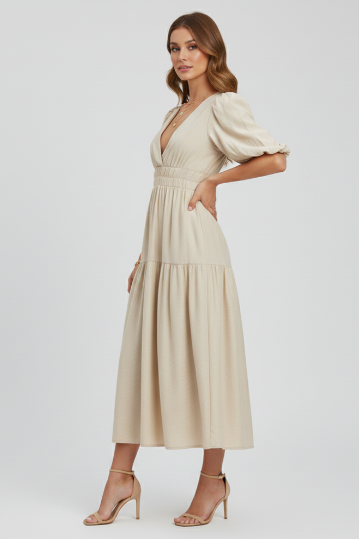Robe Midi Femme avec Décolleté en V et Manches Bouffantes