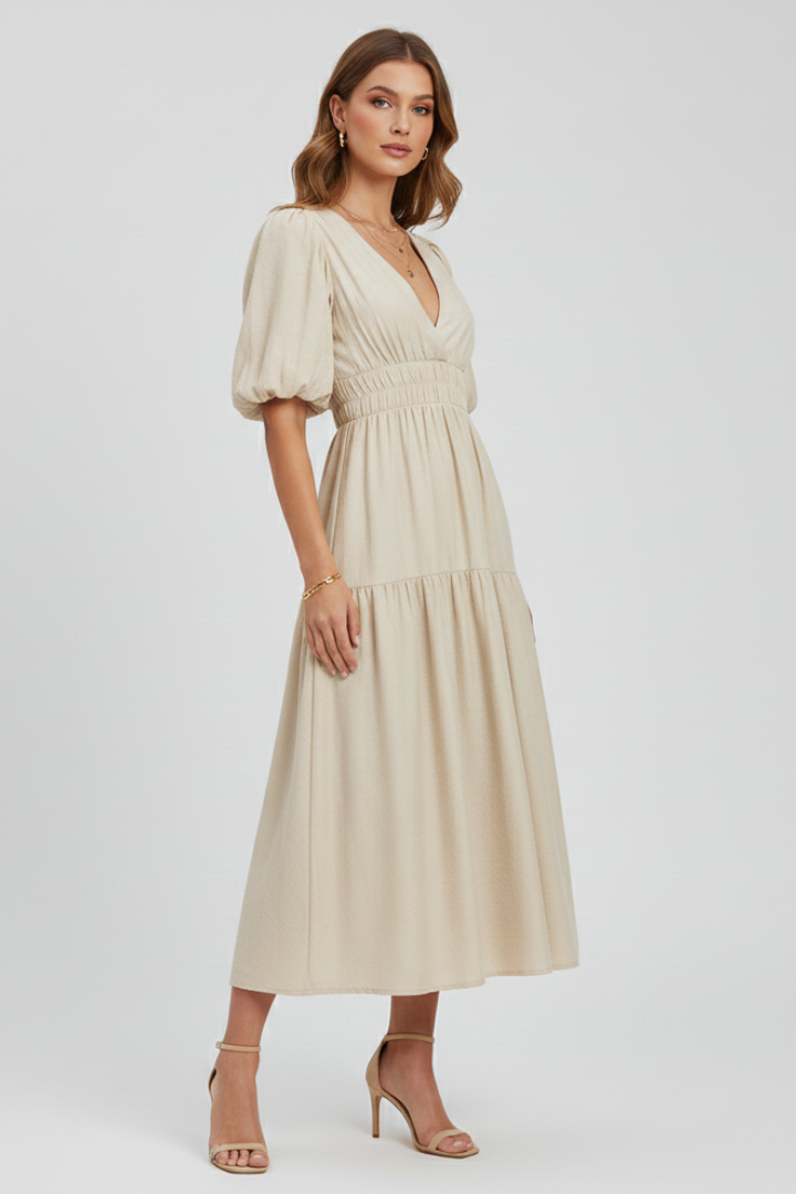 Robe Midi Femme avec Décolleté en V et Manches Bouffantes