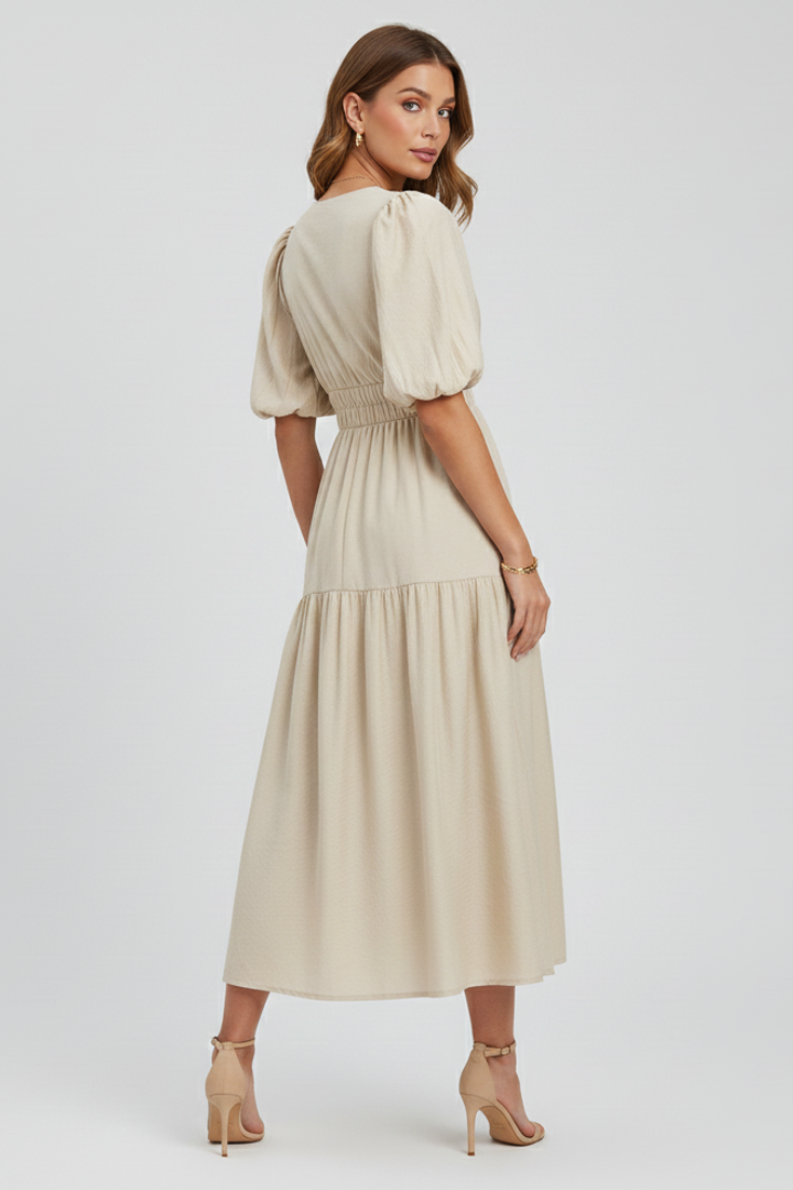 Robe Midi Femme avec Décolleté en V et Manches Bouffantes