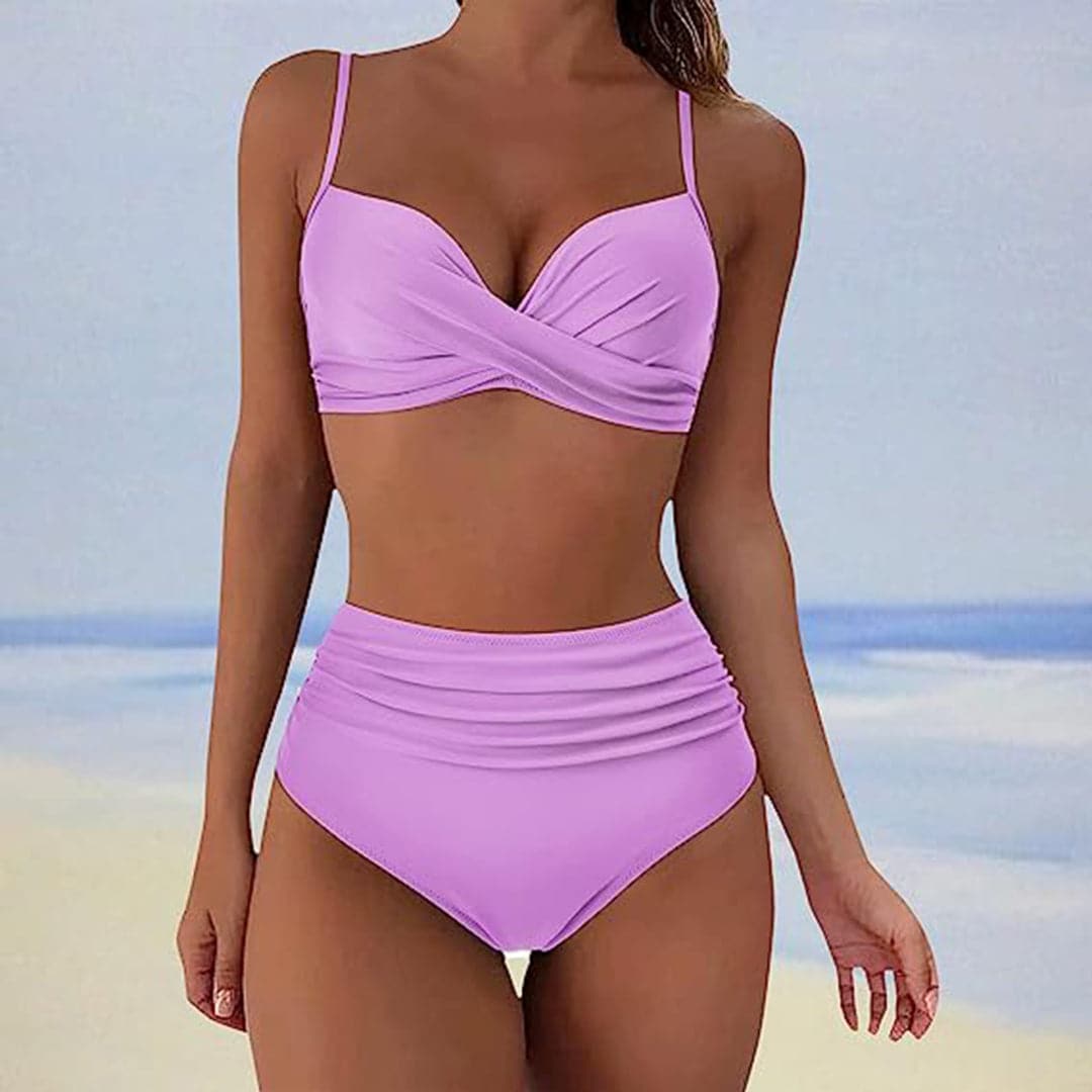 Bikini Taille Haute avec Top Croisé à l'Avant et Côtés Froncés
