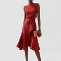 Robe Midi Asymétrique Drapée Femme Élégante Sans Manches Fluide