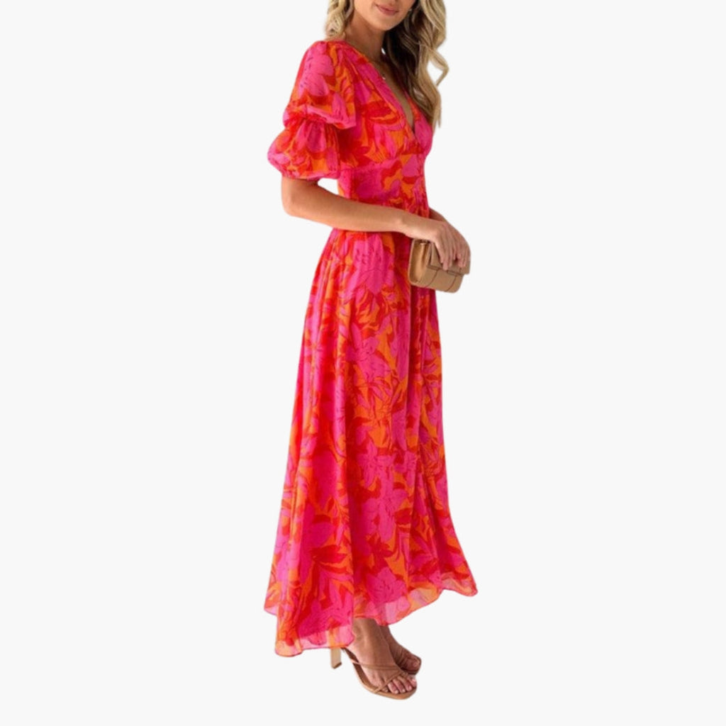 Robe Maxi Femme avec Col en V et Manches Bouffantes à Imprimé Floral