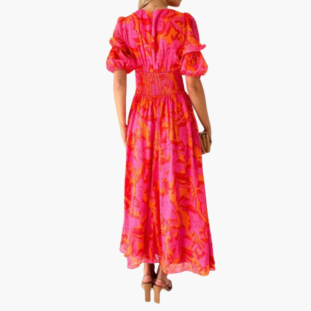 Robe Maxi Femme avec Col en V et Manches Bouffantes à Imprimé Floral