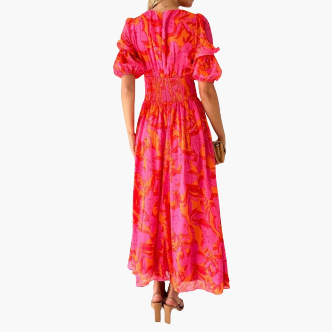 Robe Maxi Femme avec Col en V et Manches Bouffantes à Imprimé Floral