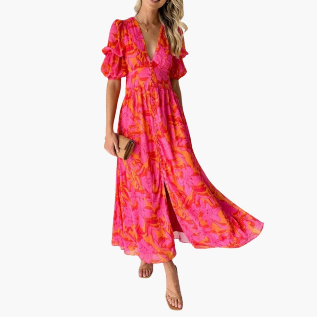Robe Maxi Femme avec Col en V et Manches Bouffantes à Imprimé Floral