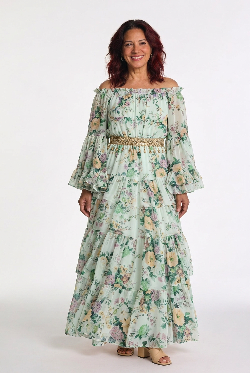Rosalie | Robe maxi bohémienne à imprimé floral pour femmes avec manches cloche à volants
