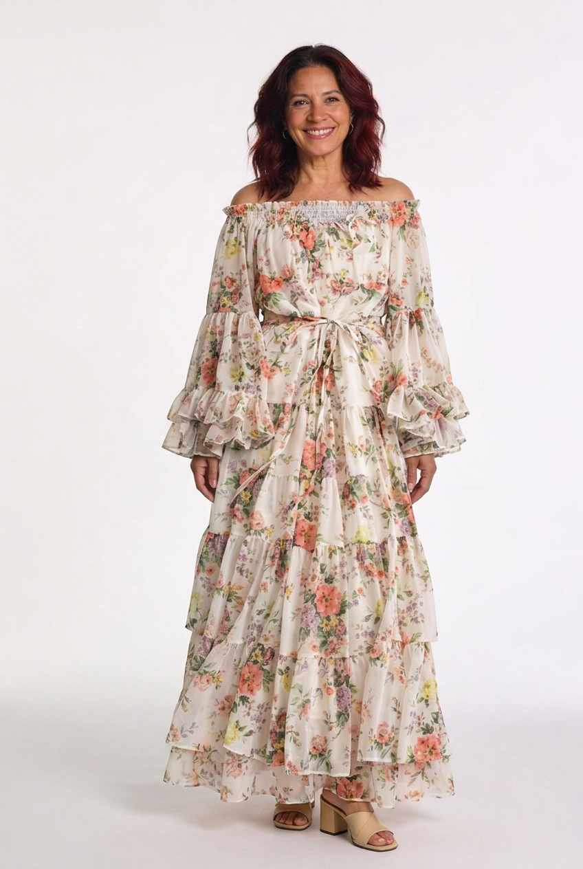 Rosalie | Robe maxi bohémienne à imprimé floral pour femmes avec manches cloche à volants
