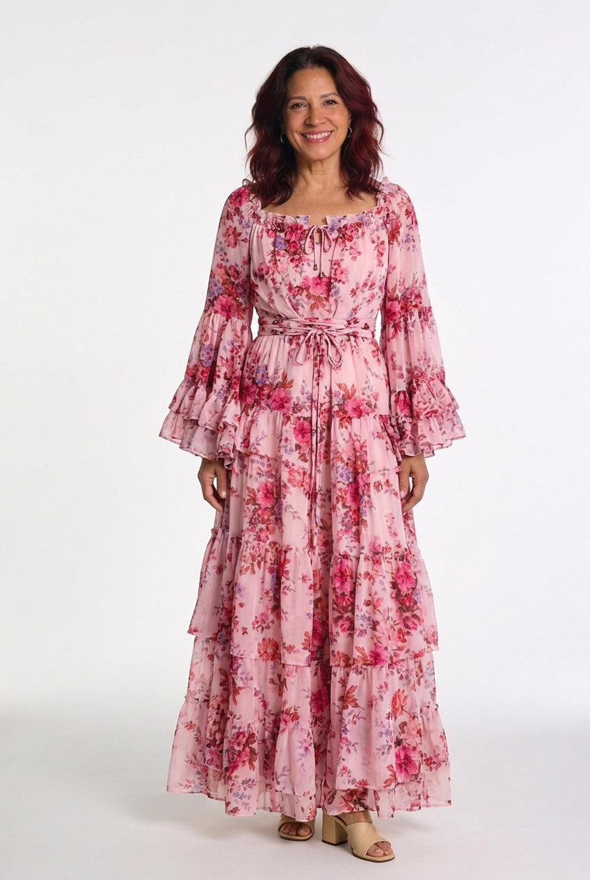 Rosalie | Robe maxi bohémienne à imprimé floral pour femmes avec manches cloche à volants