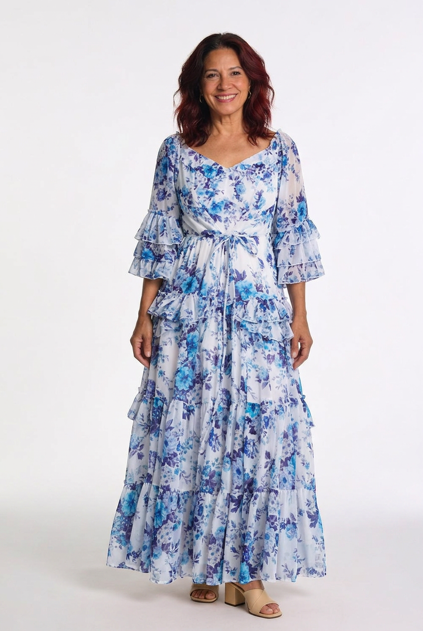 Rosalie | Robe maxi bohémienne à imprimé floral pour femmes avec manches cloche à volants