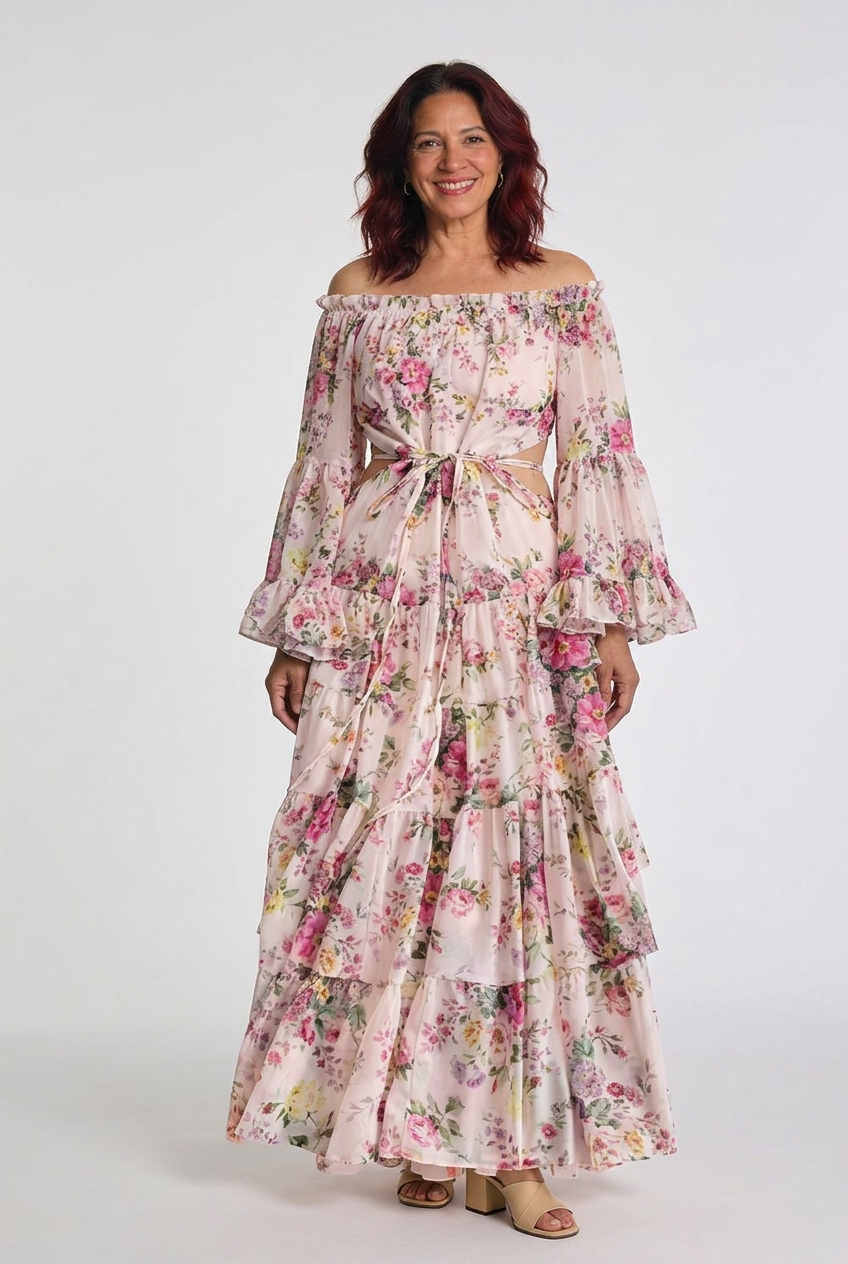 Rosalie | Robe maxi bohémienne à imprimé floral pour femmes avec manches cloche à volants