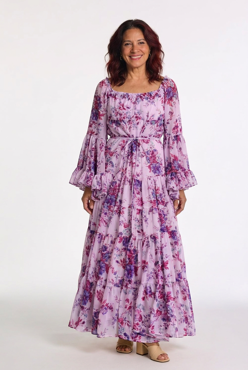 Rosalie | Robe maxi bohémienne à imprimé floral pour femmes avec manches cloche à volants