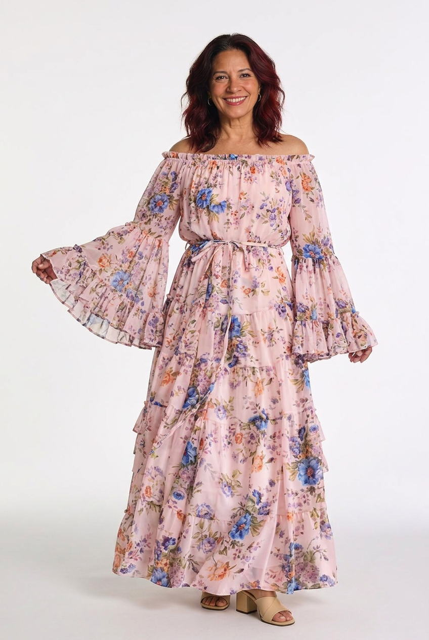 Rosalie | Robe maxi bohémienne à imprimé floral pour femmes avec manches cloche à volants