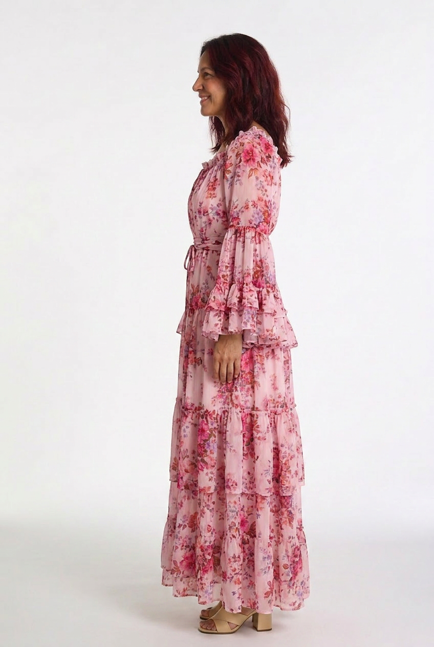 Rosalie | Robe maxi bohémienne à imprimé floral pour femmes avec manches cloche à volants