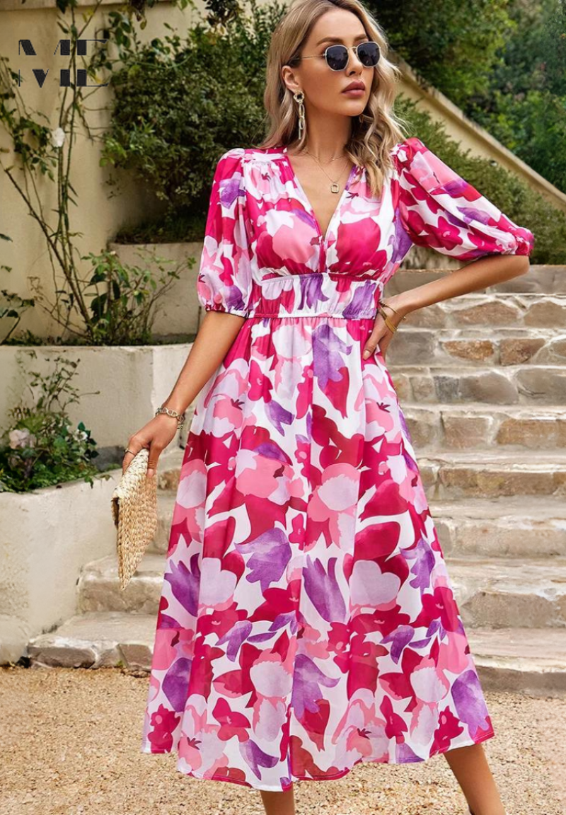 Robe Midi Florale Élégante avec Manches Bouffantes