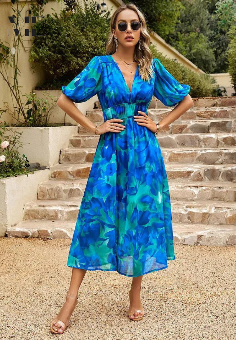 Robe Midi Florale Élégante avec Manches Bouffantes