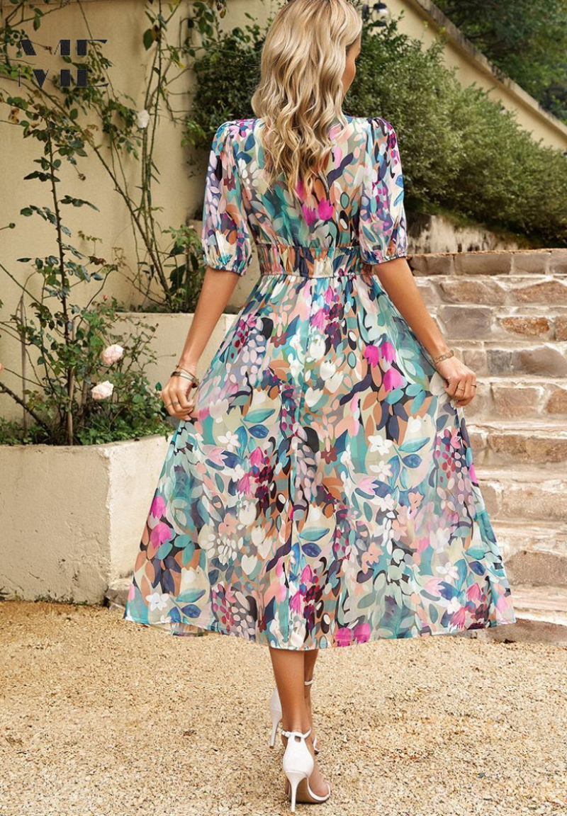 Robe Midi Florale Élégante avec Manches Bouffantes