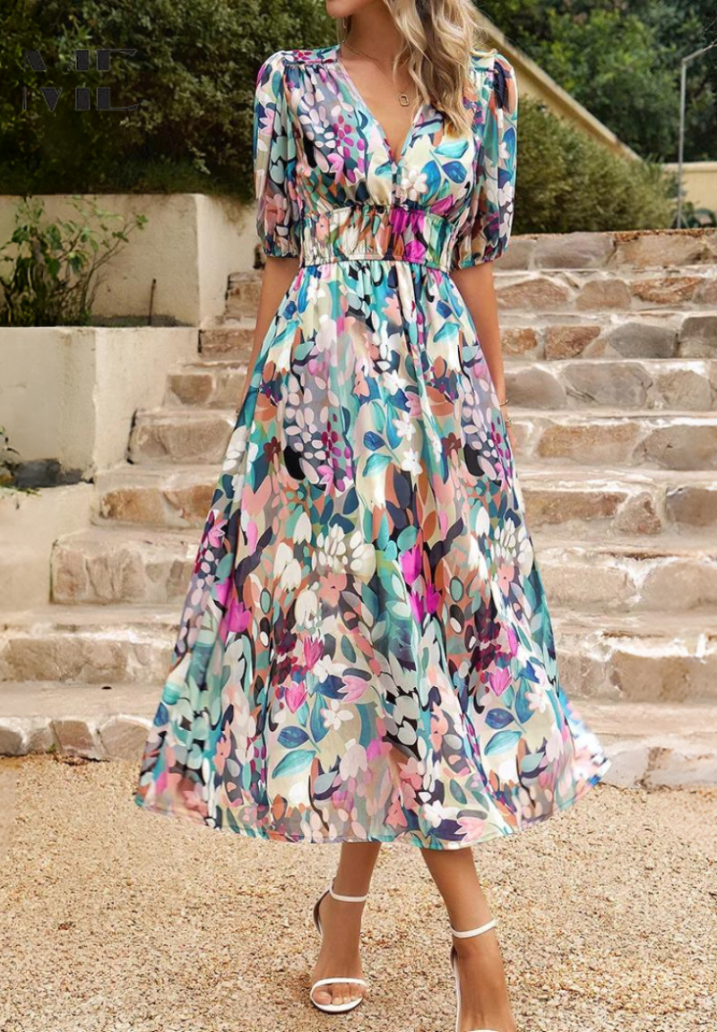 Robe Midi Florale Élégante avec Manches Bouffantes