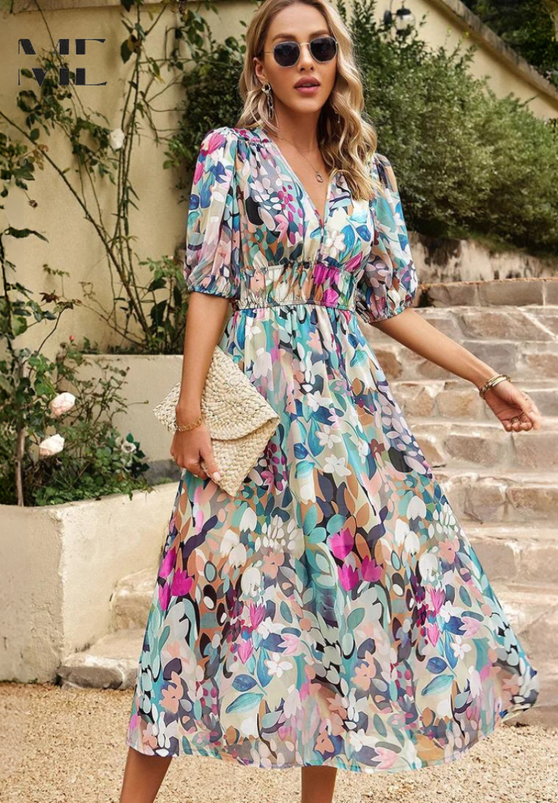 Robe Midi Florale Élégante avec Manches Bouffantes