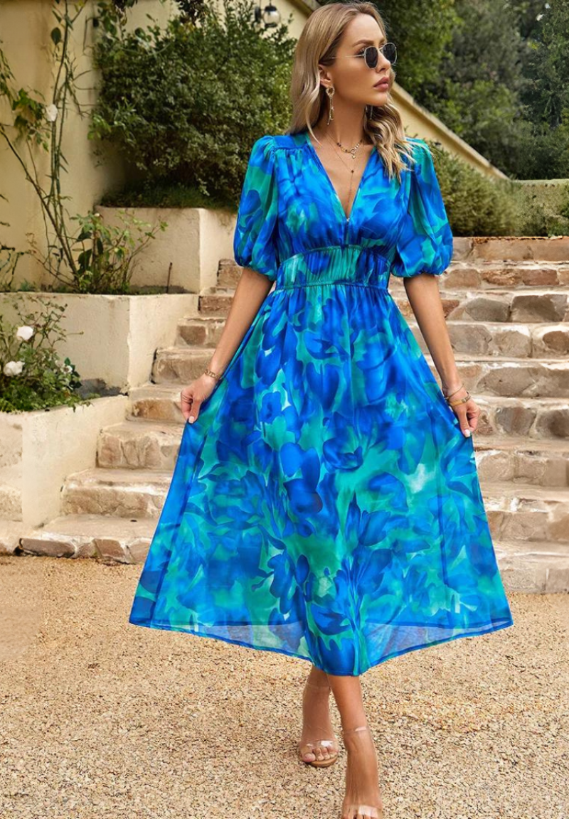 Robe Midi Florale Élégante avec Manches Bouffantes