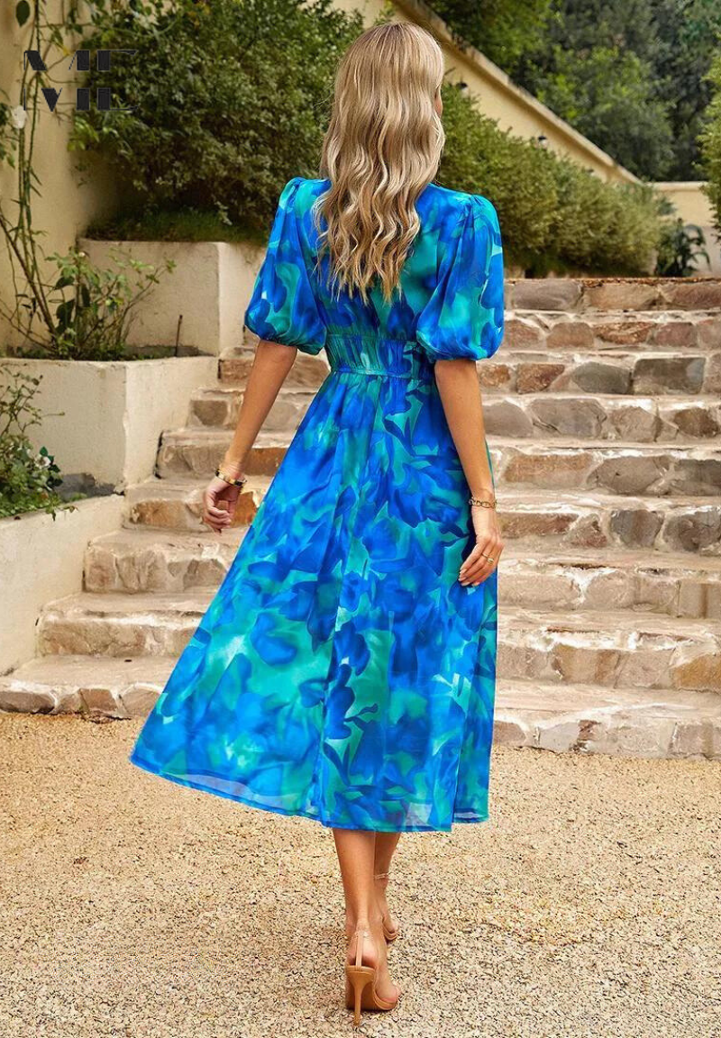 Robe Midi Florale Élégante avec Manches Bouffantes