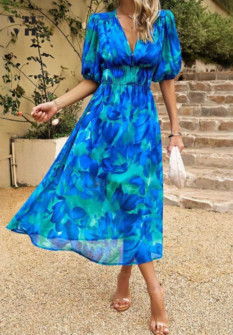 Robe Midi Florale Élégante avec Manches Bouffantes