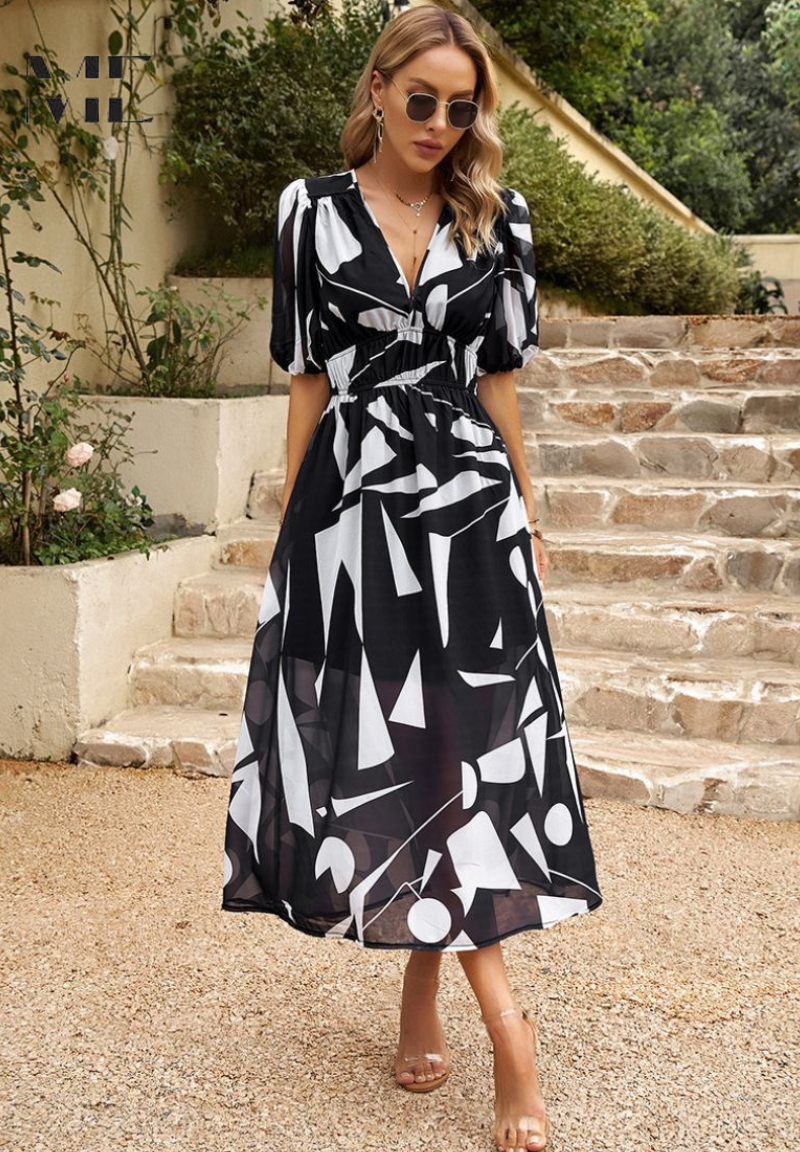 Robe Midi Florale Élégante avec Manches Bouffantes