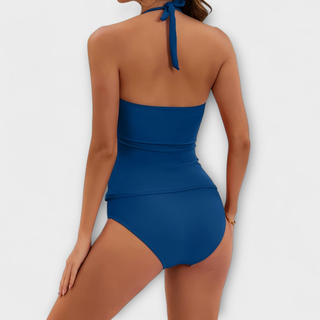Maillot de Bain Deux Pièces pour Femme avec Col Halter et Détails Métalliques Dorés