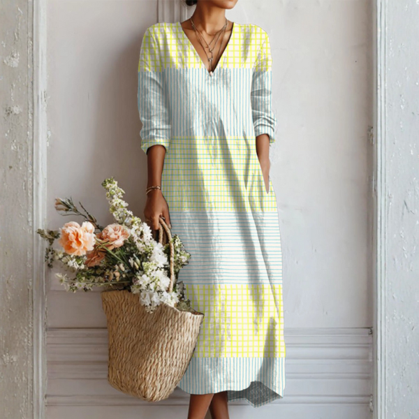 Robe en Lin Longue pour Femme avec Décolleté en V et Imprimé Géométrique