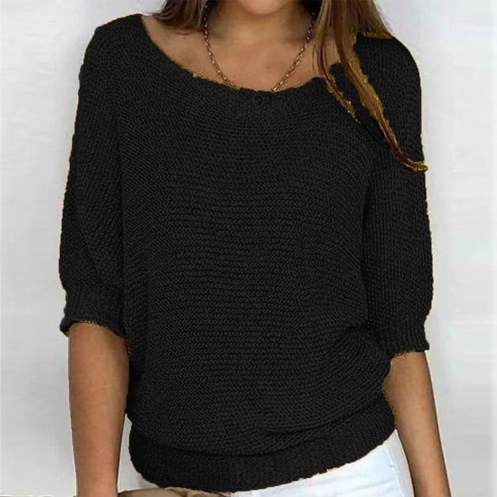 Pull en tricot pour femme avec col rond et manches trois quarts