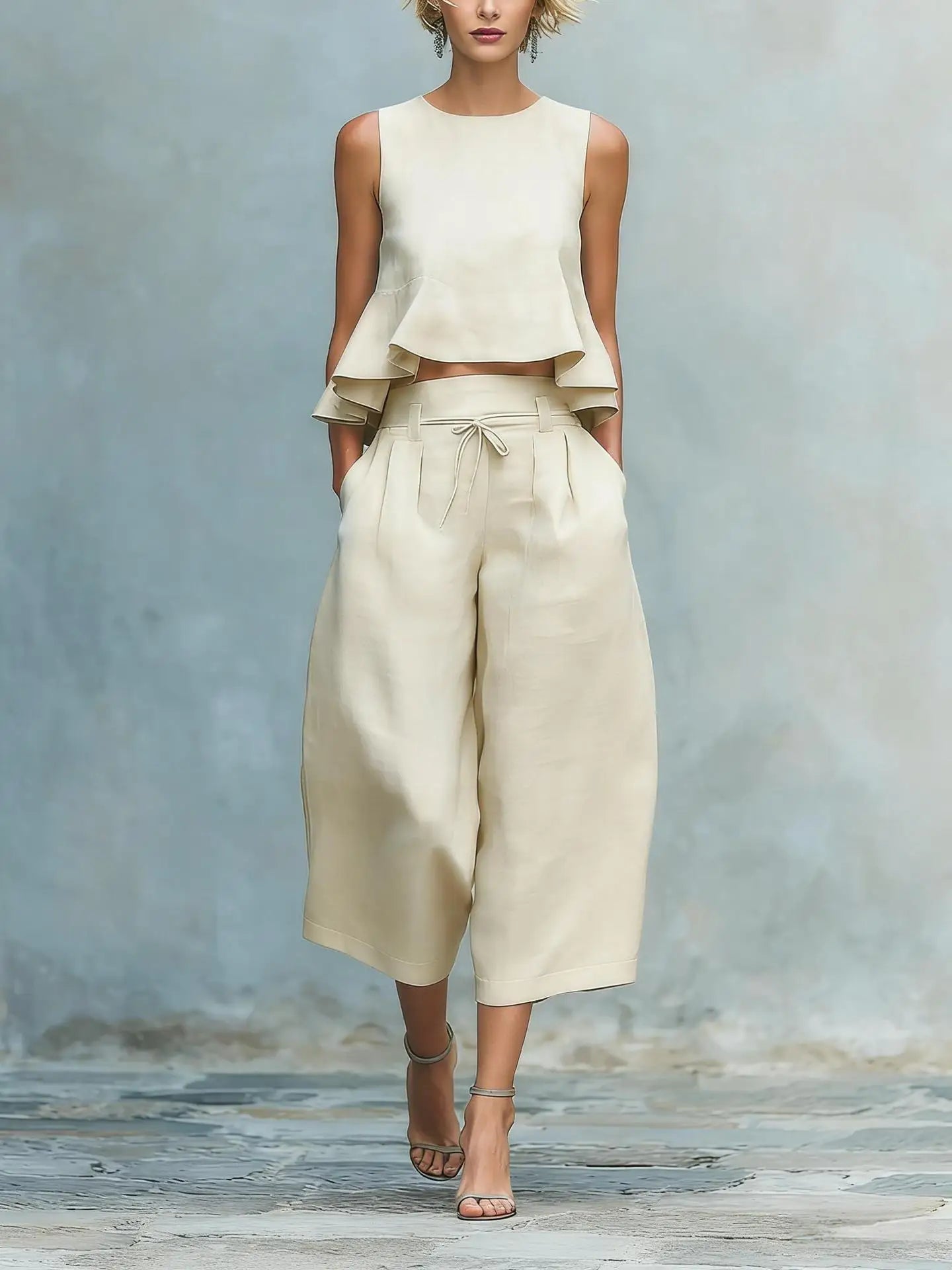 Ensemble de deux pièces pour femme avec crop top en lin et pantalon large