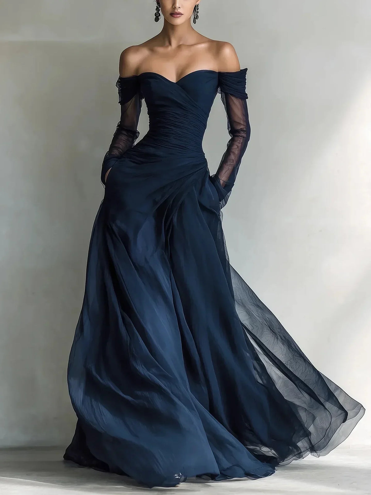 Roulona | Robe de soirée sans épaules avec manches transparentes