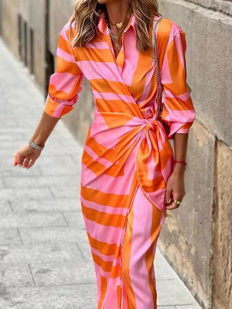 Robe Midi Croisée pour Femme avec Imprimé Géométrique et Manches Trois Quarts
