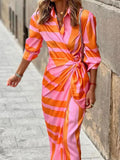 Robe Midi Croisée pour Femme avec Imprimé Géométrique et Manches Trois Quarts
