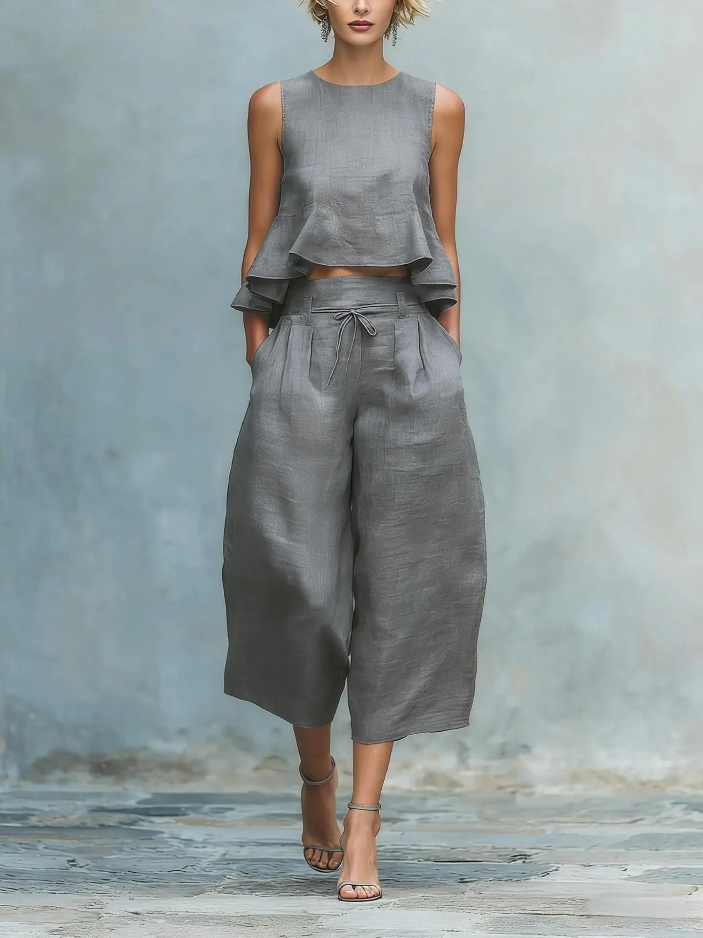 Ensemble de deux pièces pour femme avec crop top en lin et pantalon large