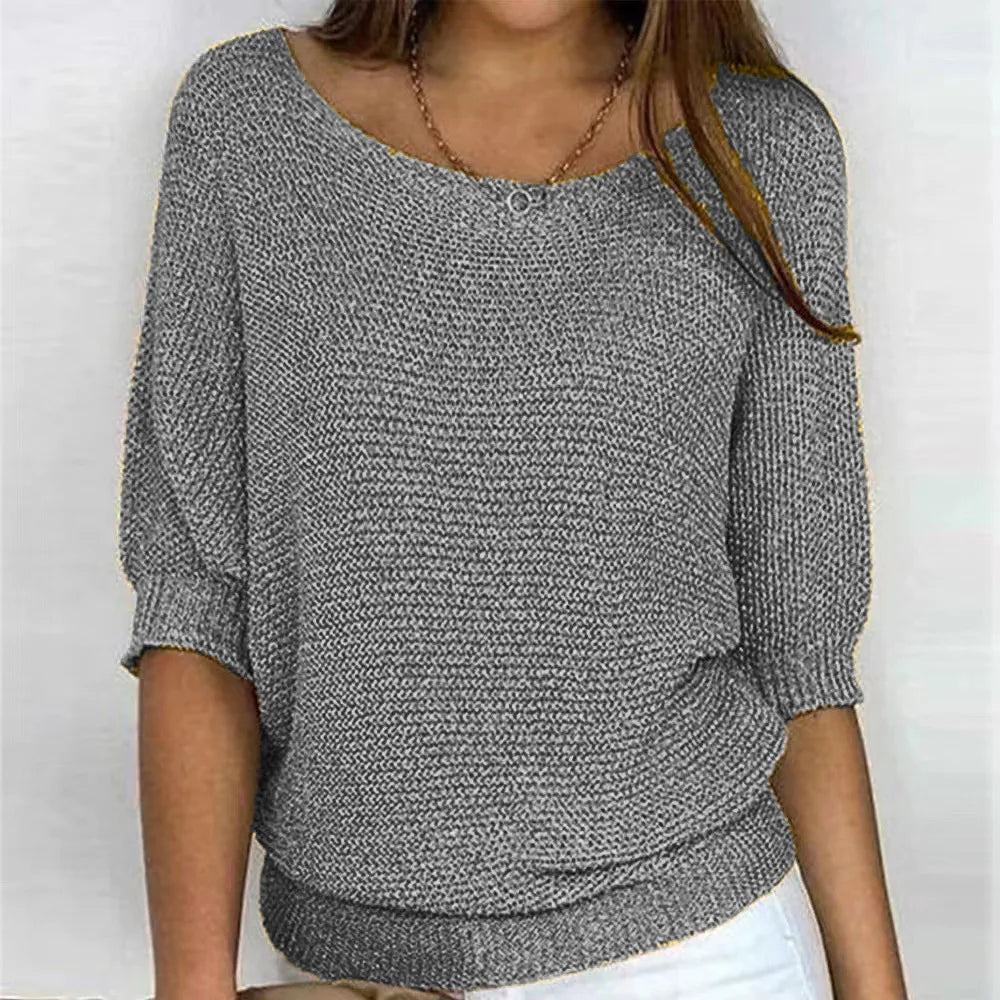 Pull en tricot pour femme avec col rond et manches trois quarts
