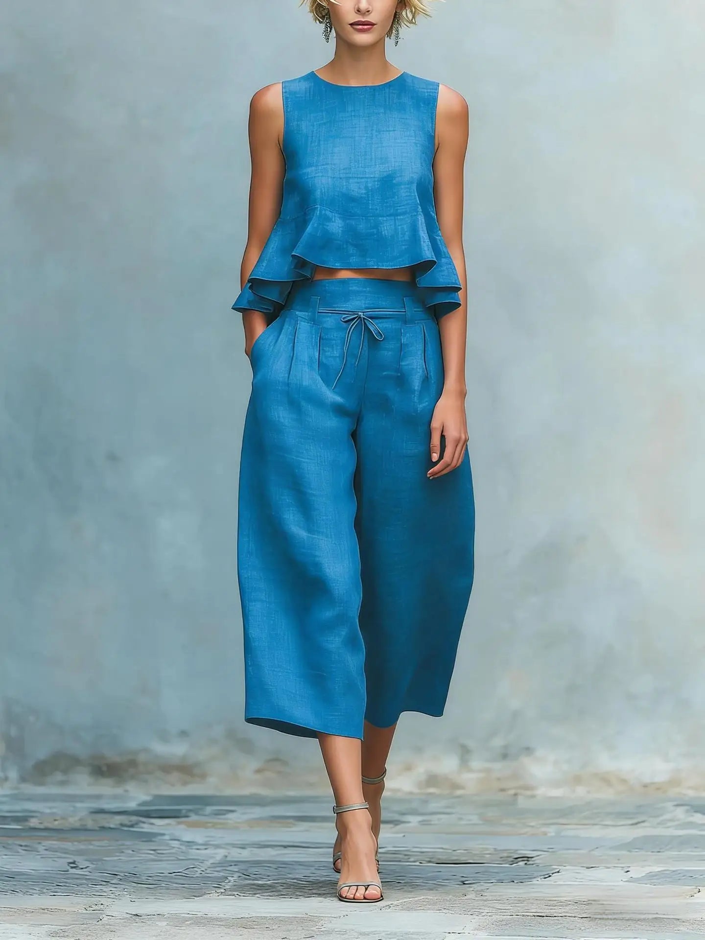 Ensemble de deux pièces pour femme avec crop top en lin et pantalon large