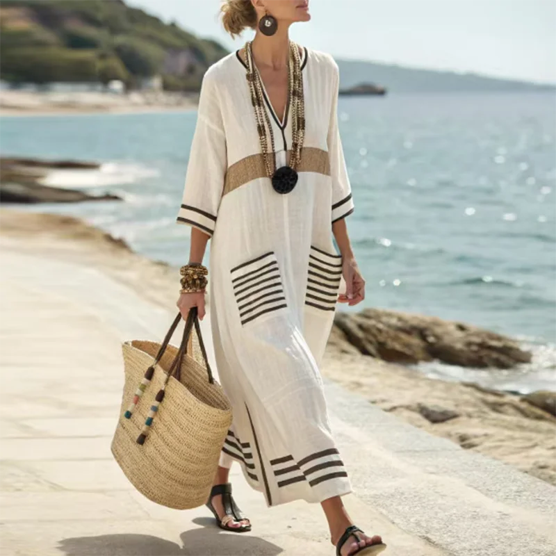 Robe kimono longue pour femme avec décolleté en V et poches — plage