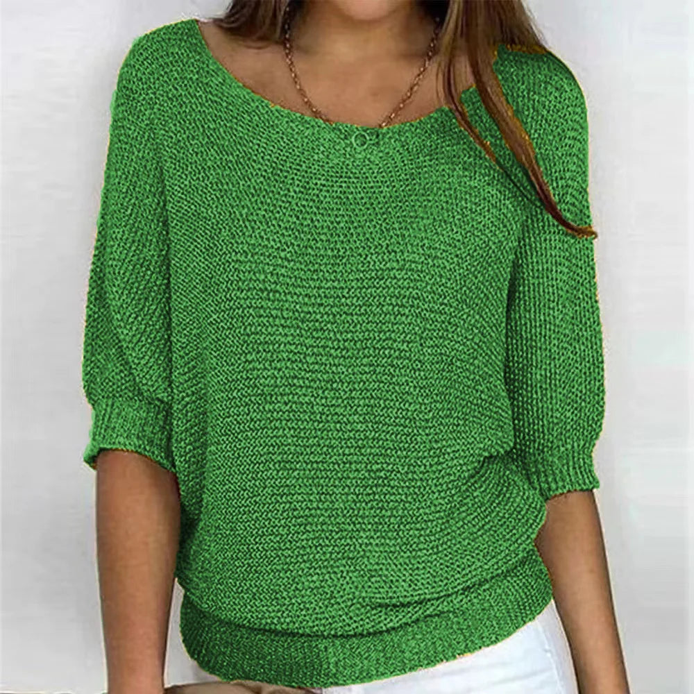 Pull en tricot pour femme avec col rond et manches trois quarts