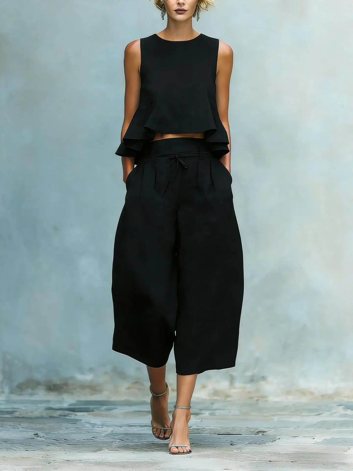 Ensemble de deux pièces pour femme avec crop top en lin et pantalon large