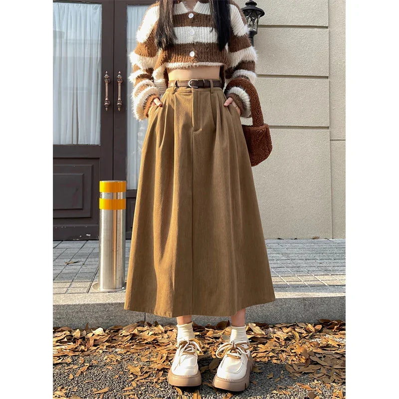 Jupe Midi en Velours Côtelé Vintage