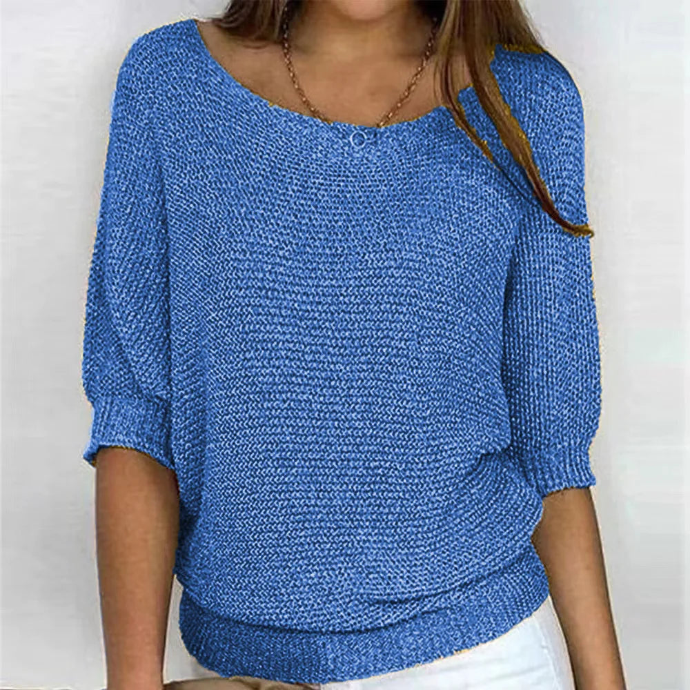 Pull en tricot pour femme avec col rond et manches trois quarts