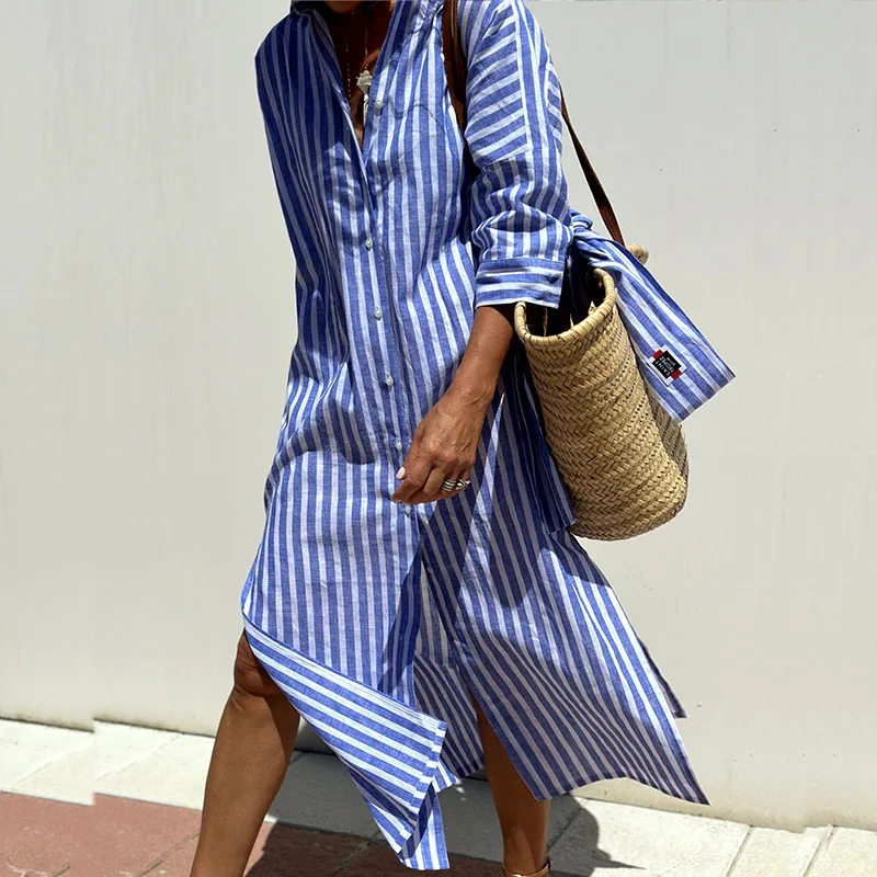 Robe Chemise Midi pour Femme avec Imprimé à Rayures Verticales et Manches 3/4
