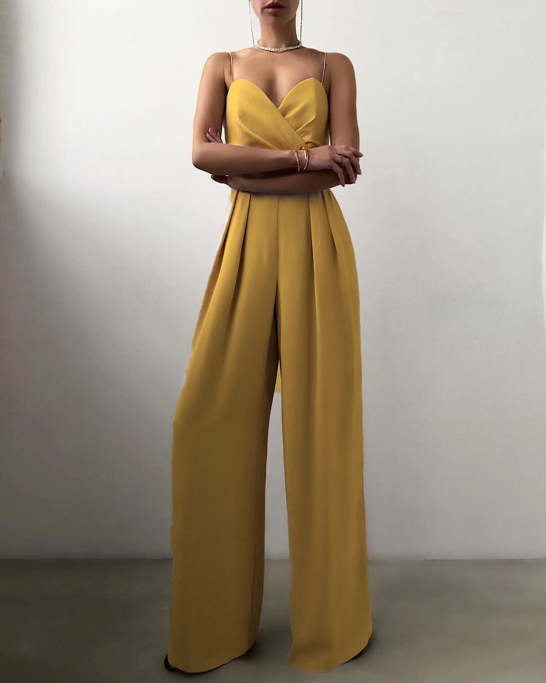 Combinaison Longue en Polyester avec Col en V et Pantalon à Jambe Large pour Femme