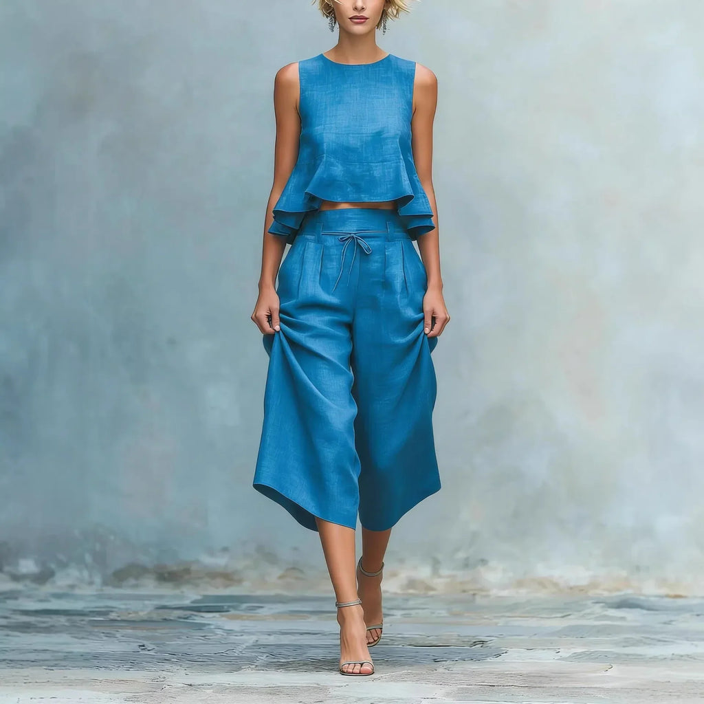 Ensemble de deux pièces pour femme avec crop top en lin et pantalon large