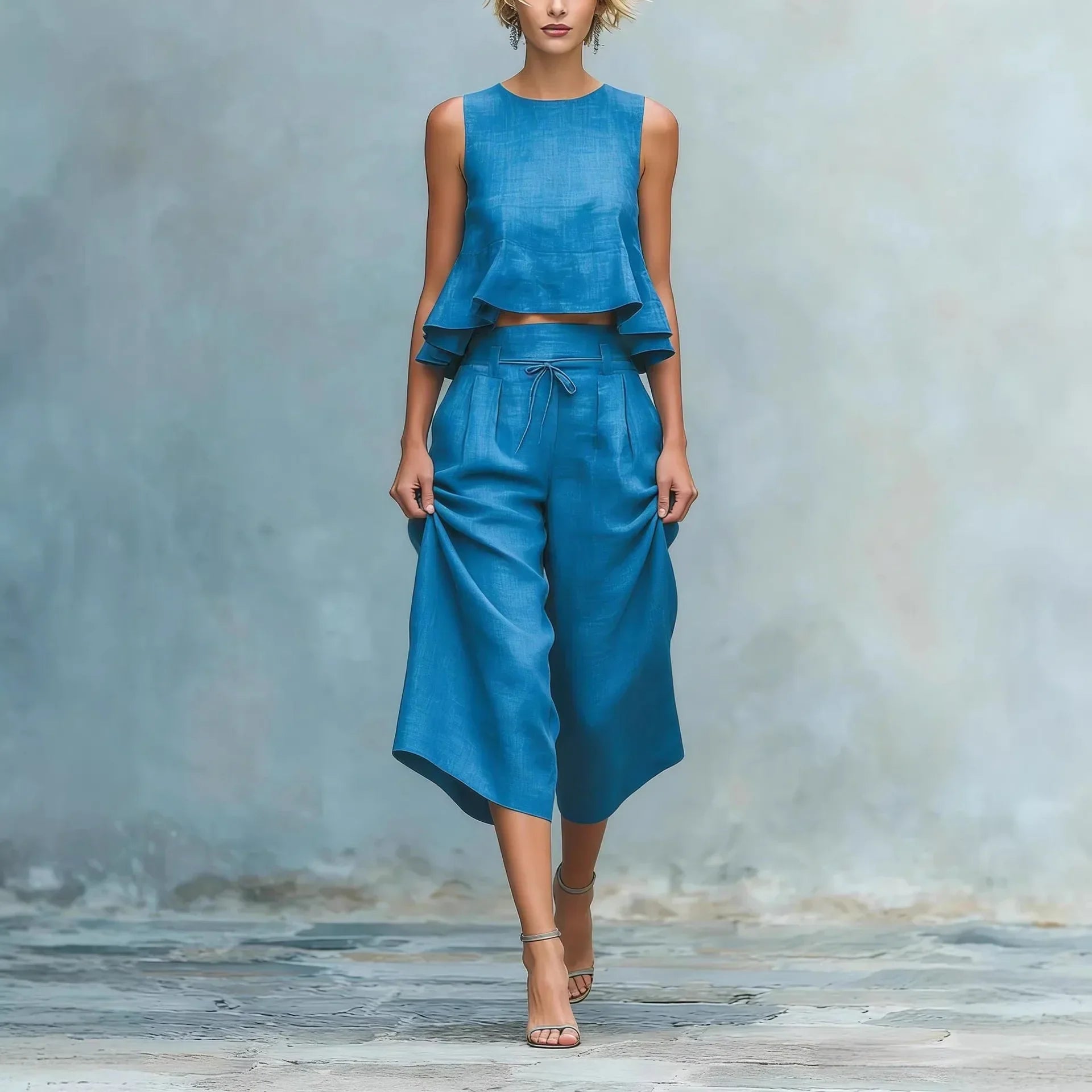Ensemble de deux pièces pour femme avec crop top en lin et pantalon large